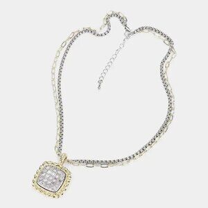 Stunning 14K Gold Plated CZ Stone Paved Square Pendant Necklace